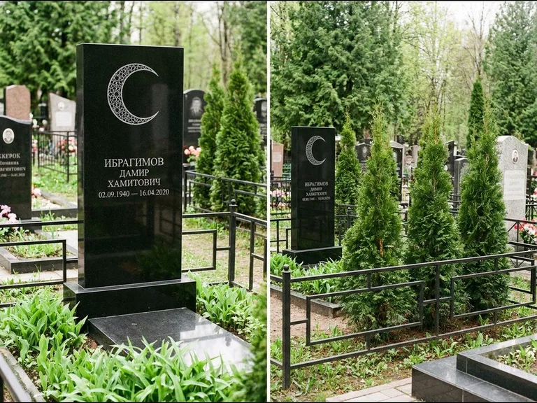 Памятник с гравировкой полумесяца — гравировка полумесяца в геометрическом орнаменте-гирихе, работа «Ибрагимов» в Альметьевске