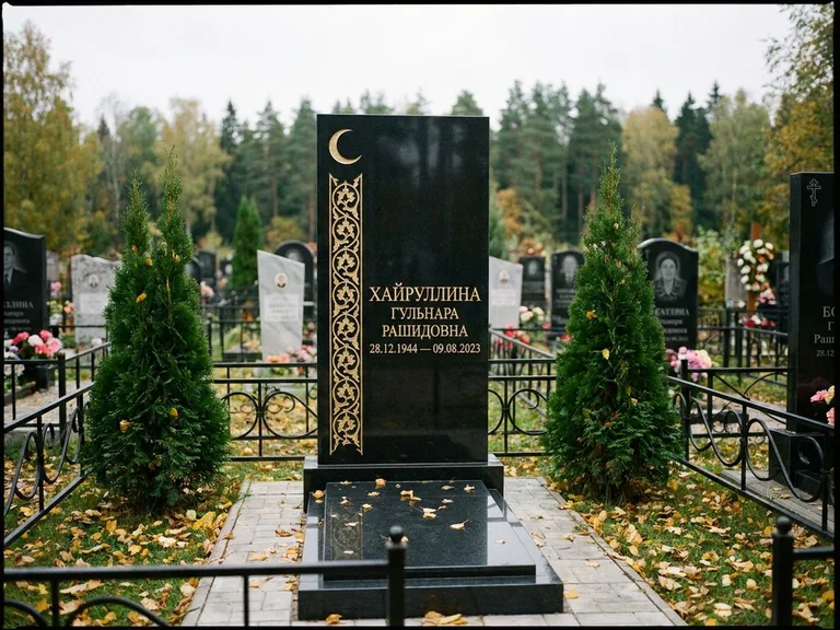 Памятник с гравировкой полумесяца — золочёный полумесяц и колонна растительного орнамента-ислими, работа «Хайруллина» в Альметьевске