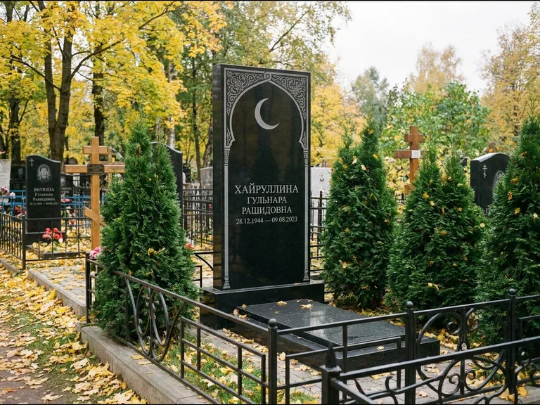 Памятник с гравировкой полумесяца — гравировка полумесяца в восточной арке с орнаментом, работа «Хайруллина» в Альметьевске