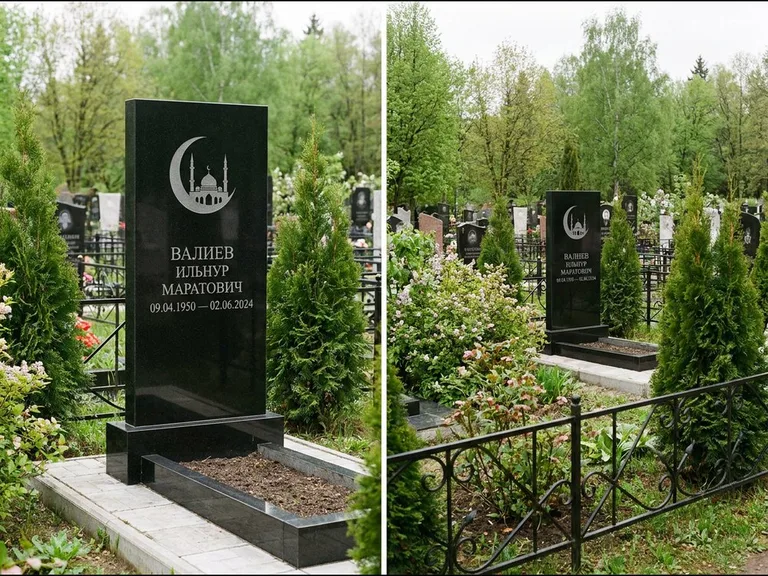 Памятник с гравировкой полумесяца — гравировка полумесяца над силуэтом мечети, работа «Валиев» в Альметьевске