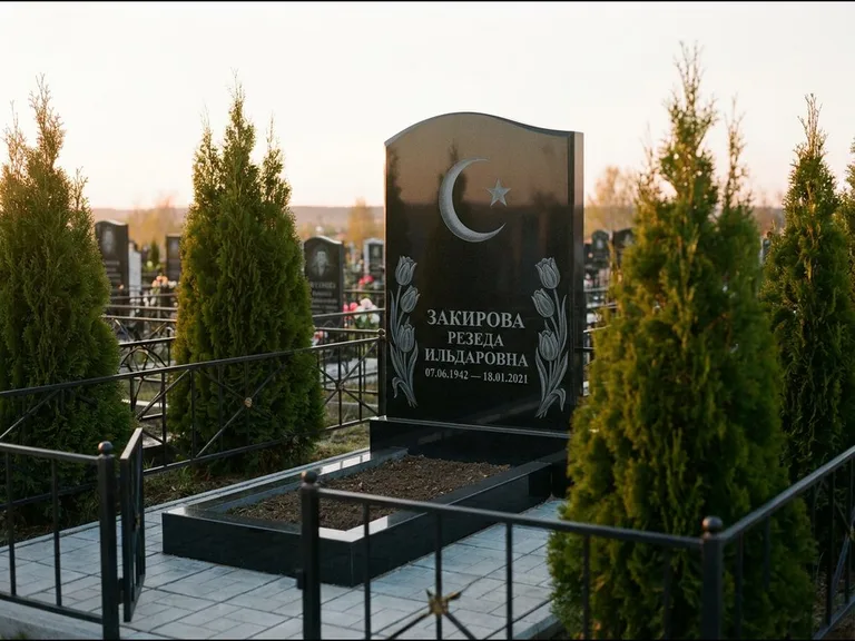 Памятник с гравировкой полумесяца — гравировка полумесяца со звездой и тюльпанами по бокам, работа «Закирова» в Альметьевске