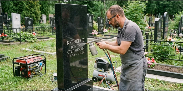 Гравировка на памятнике с выездом на кладбище в Альметьевске — мастер гравирует установленный памятник