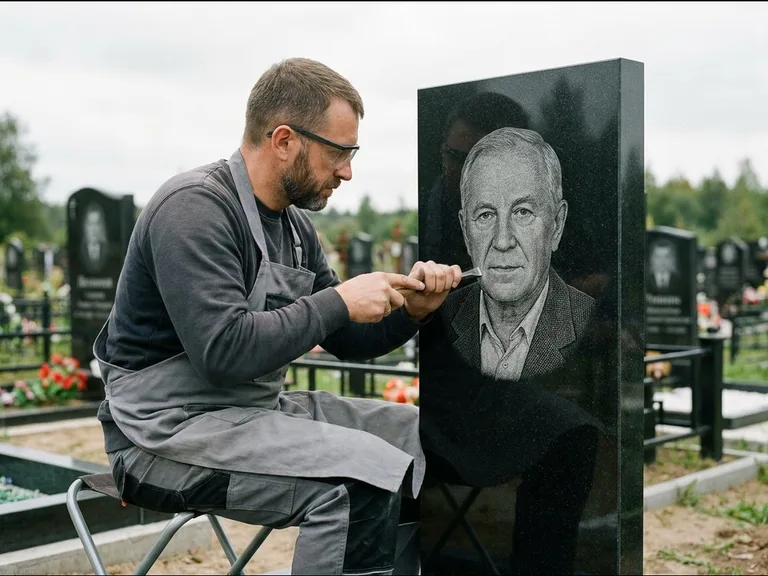 Портрет на установленной стеле — гравировка с выездом на кладбище в Альметьевске