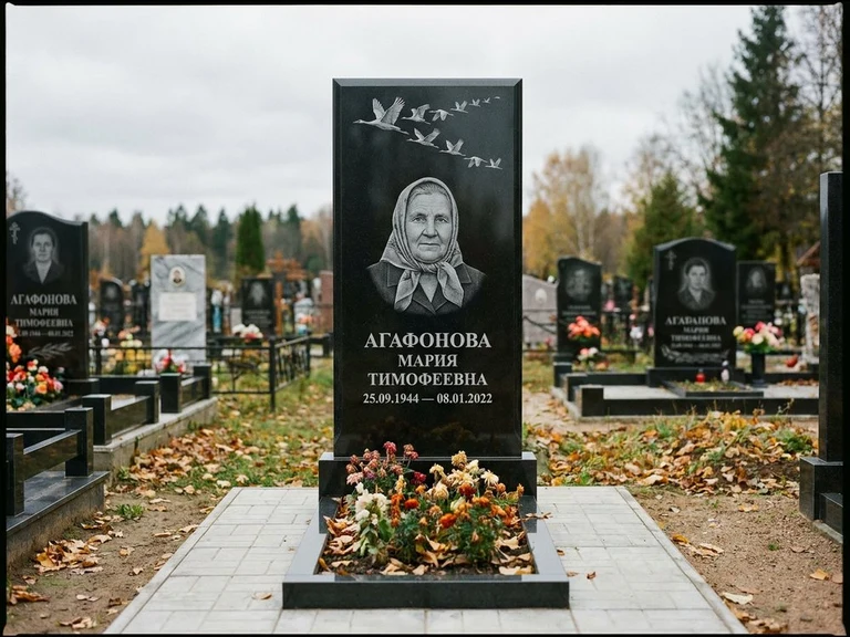 Гравировка журавлей на памятник в Альметьевске — памятник из чёрного гранита с гравировкой