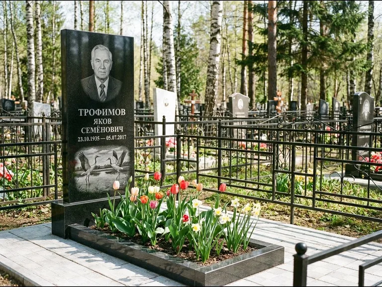 Памятник с гравировкой журавлей — гравировка пары журавлей над гладью озера в нижней части, работа «Трофимов» в Альметьевске