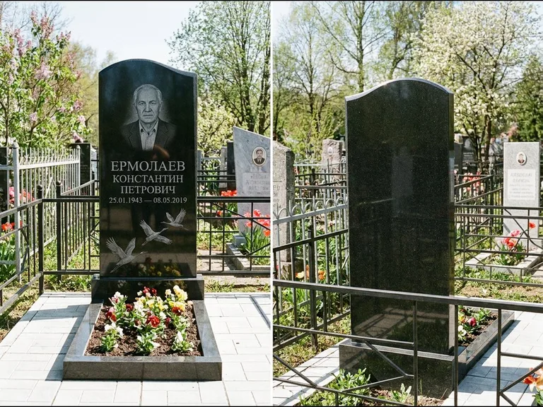 Памятник с гравировкой журавлей — гравировка трёх журавлей по диагонали через свободное поле с, работа «Ермолаев» в Альметьевске