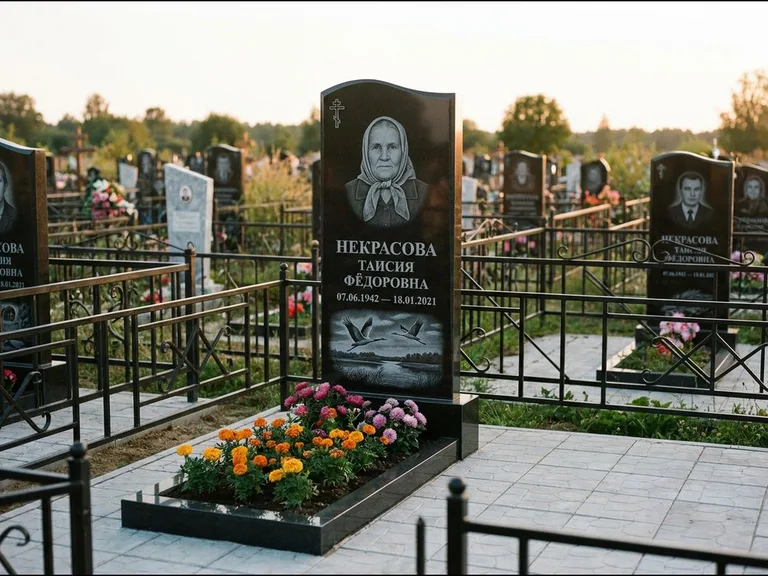 Памятник с гравировкой журавлей — гравировка пары журавлей над гладью озера в нижней части, работа «Некрасова» в Альметьевске