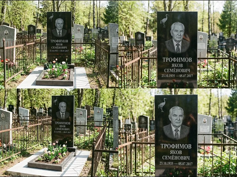 Памятник с гравировкой журавлей — гравировка одиночного летящего журавля над портретом, работа «Трофимов» в Альметьевске