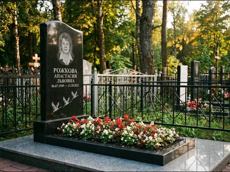 Памятник с гравировкой журавлей — гравировка трёх журавлей по диагонали через свободное поле с, работа «Рожкова» в Альметьевске