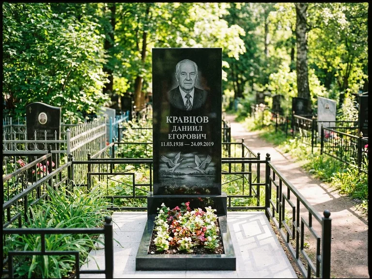 Памятник с гравировкой журавлей — гравировка пары журавлей над гладью озера в нижней части, работа «Кравцов» в Альметьевске