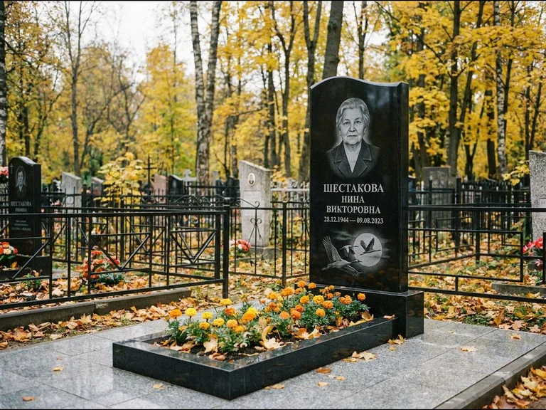 Памятник с гравировкой журавлей — гравировка клина журавлей на фоне солнечного диска, работа «Шестакова» в Альметьевске