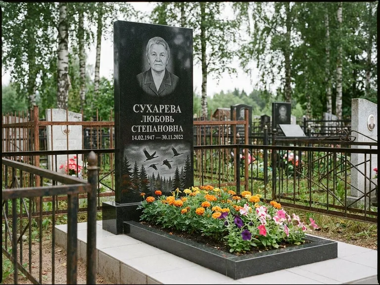 Памятник с гравировкой журавлей — гравировка силуэтов журавлей над еловым лесом, работа «Сухарева» в Альметьевске