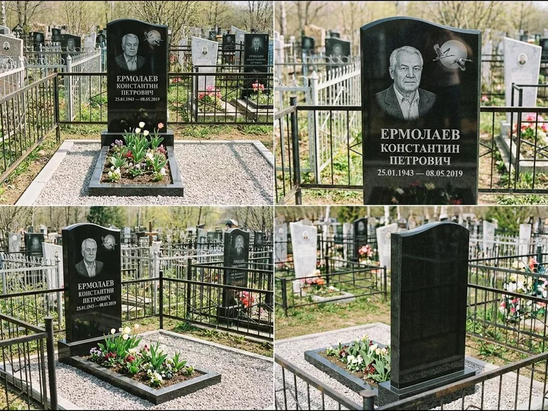 Памятник с гравировкой журавлей — гравировка клина журавлей на фоне солнечного диска, работа «Ермолаев» в Альметьевске