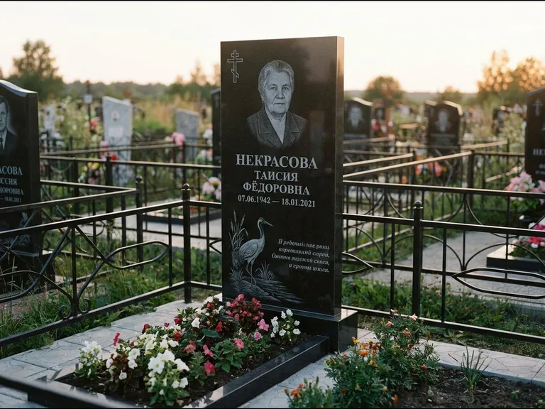 Памятник с гравировкой журавлей — гравировка журавля у камышей рядом с эпитафией, работа «Некрасова» в Альметьевске