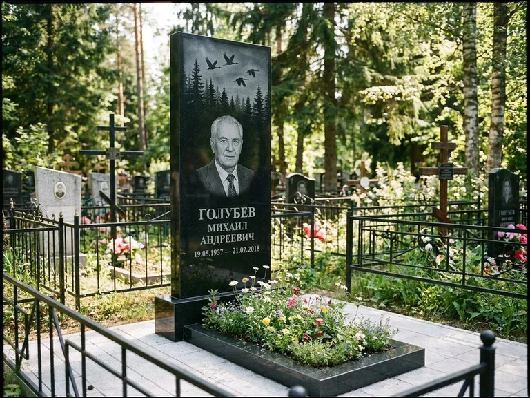 Памятник с гравировкой журавлей — гравировка силуэтов журавлей над еловым лесом, работа «Голубев» в Альметьевске