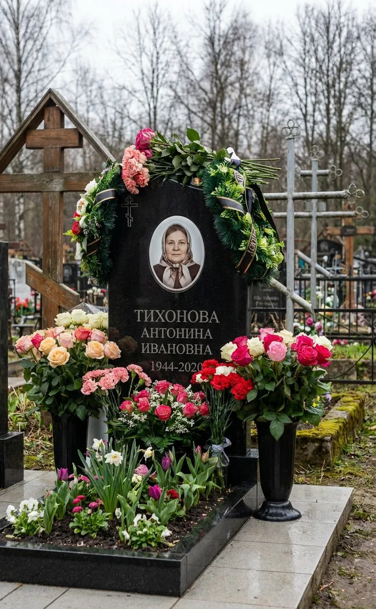 Памятник с цветником на кладбище Ячнево