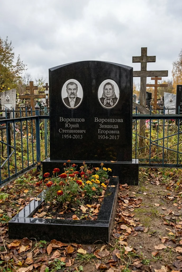 Семейный гранитный памятник на Лесном кладбище