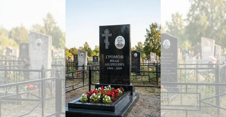 Памятник с цветником, Пример гранитного памятника работы мастерской «Мастер Каменев» на участке исторического кладбища
