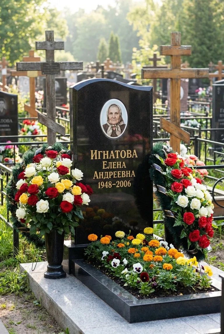 Гранитный памятник с цветником на Волковском кладбище