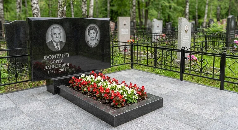 Семейный (двойной) памятник, Пример гранитного памятника, установленного мастерской на кладбище в Новосибирске