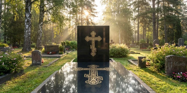 Гравировка креста на памятнике в Альметьевске — православный восьмиконечный крест на граните