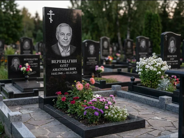 Памятник из чёрного гранита — горизонтальная плита-стела с православным восьмиконечным крестом, работа «Тихонов» в Альметьевске