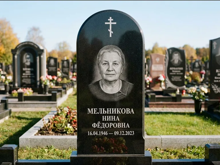 Памятник из чёрного гранита — стела с резным навершием с латинским крестом, работа «Савельева» в Альметьевске
