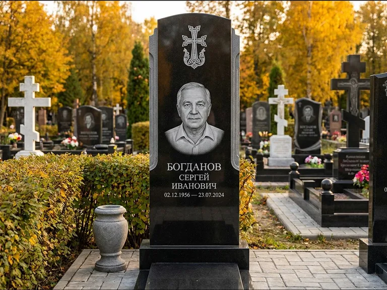 Памятник из чёрного гранита — круглая стела-медальон с армянским хачкаром, работа «Ковалёв» в Альметьевске
