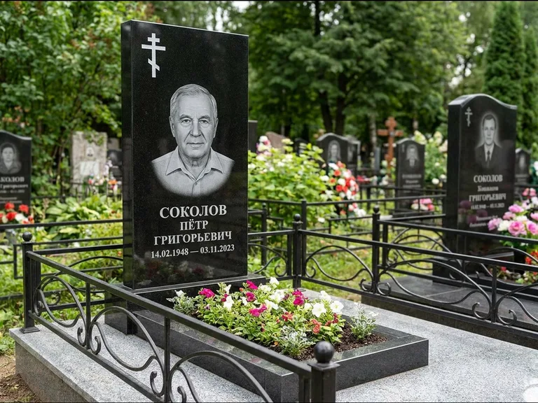 Памятник из чёрного гранита — стела с арочным верхом с православным восьмиконечным крестом, работа «Ковалёв» в Альметьевске
