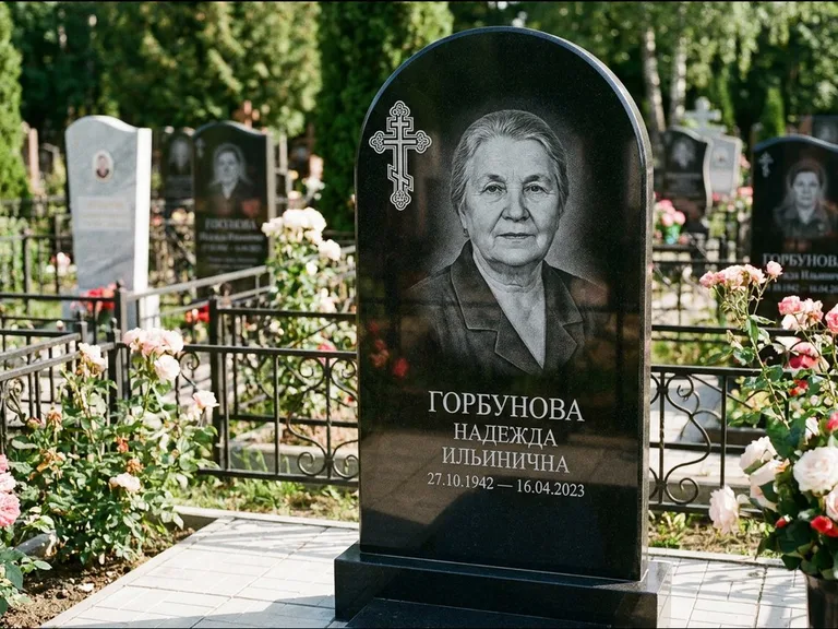 Памятник из чёрного гранита — стела с боковой колонной с крестом в лучах, работа «Мельникова» в Альметьевске