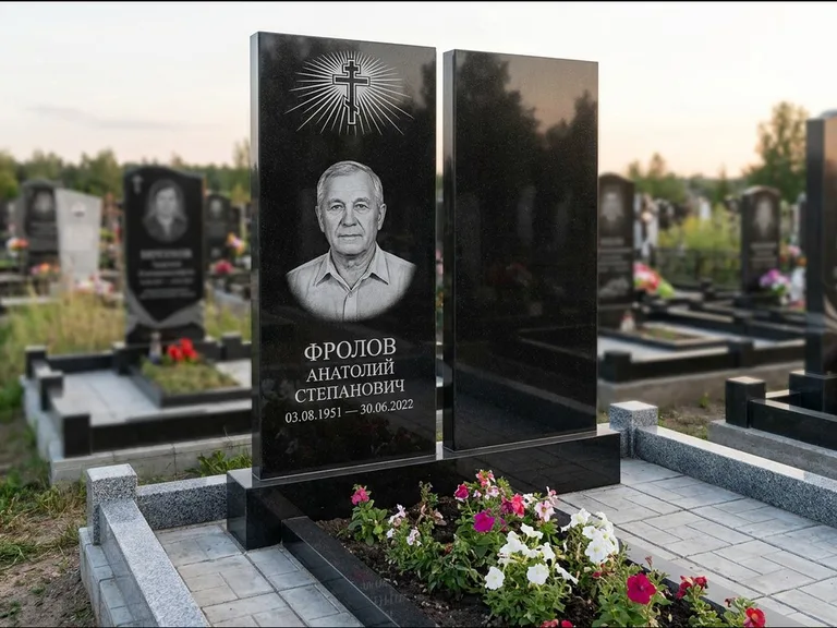 Памятник из чёрного гранита — стела на ступенчатом постаменте с золочёным крестом, работа «Богданов» в Альметьевске