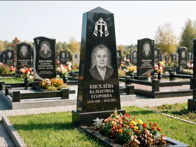 Памятник из чёрного гранита — стела со скошенным верхом с ажурным резным крестом, работа «Селезнёва» в Альметьевске