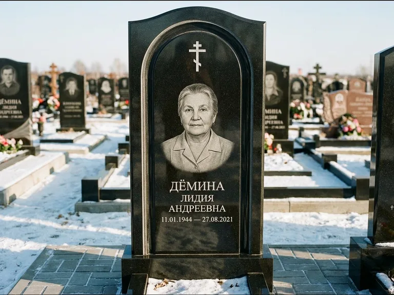 Памятник из чёрного гранита — стела-триптих с крестом с терновым венцом, работа «Ерофеева» в Альметьевске