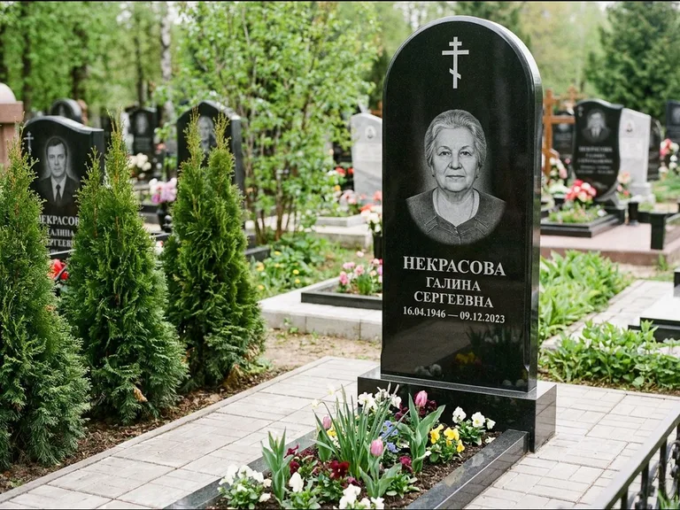 Памятник из чёрного гранита — стела с цветником-плитой с латинским крестом, работа «Лаврентьева» в Альметьевске