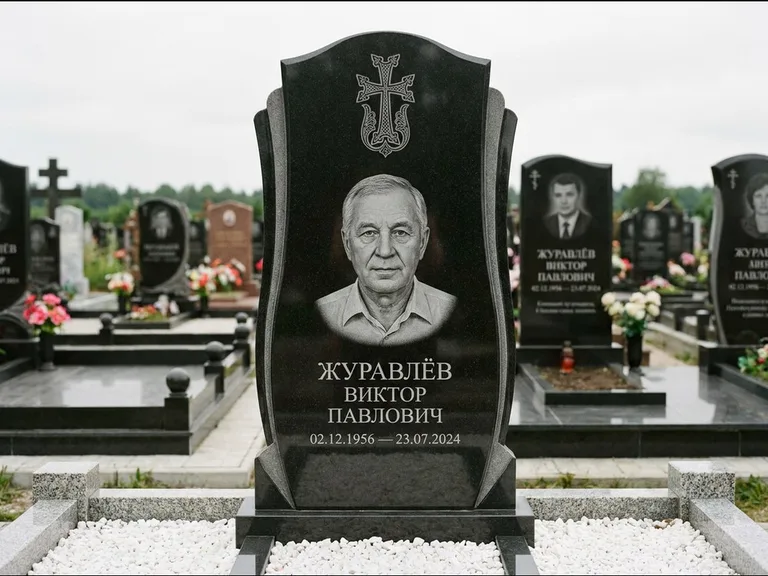 Памятник из чёрного гранита — панорамная стела с армянским хачкаром, работа «Тихонов» в Альметьевске