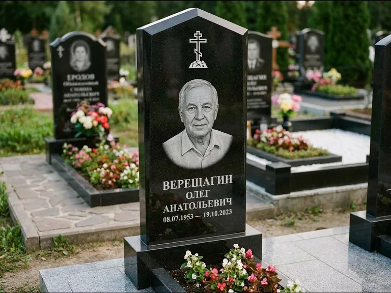 Памятник из чёрного гранита — обелиск-колонна с крестом на Голгофе, работа «Ковалёв» в Альметьевске