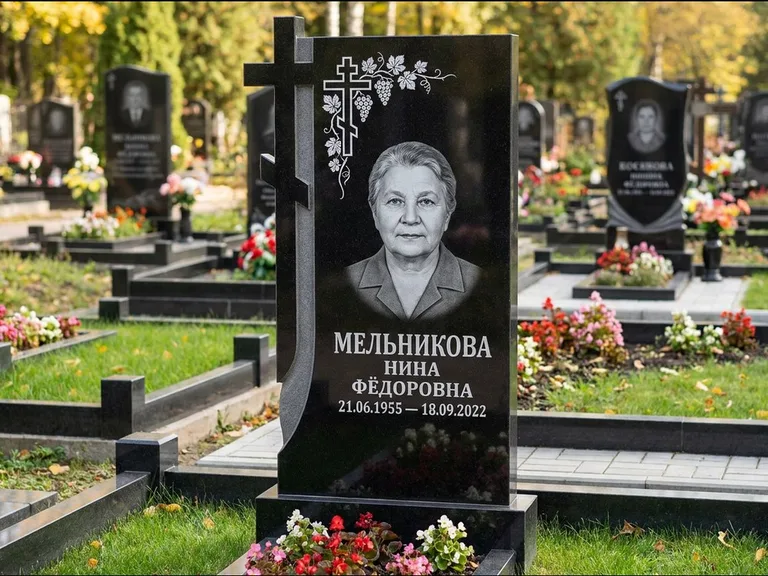 Памятник из чёрного гранита — стела с резной рамкой с крестом с распятием, работа «Некрасова» в Альметьевске