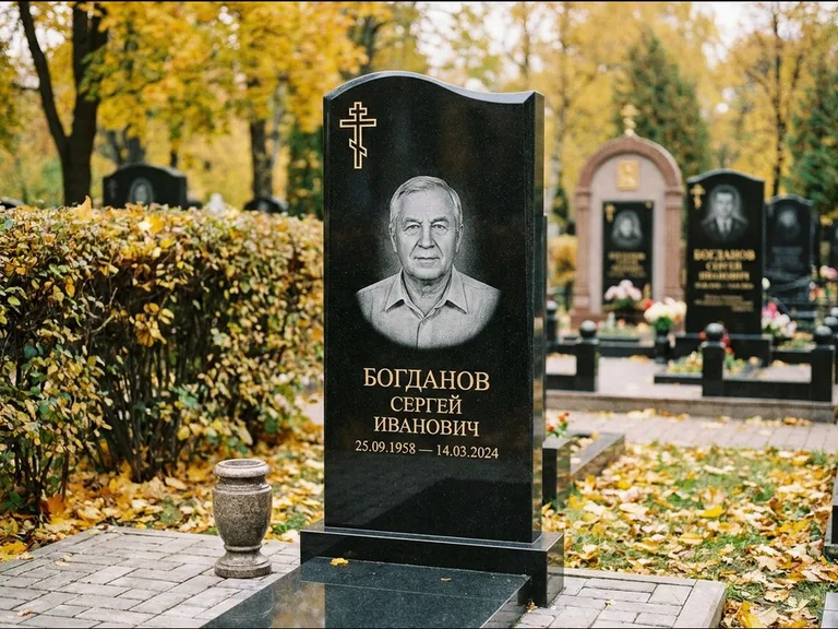Памятник из чёрного гранита — стела с цветником с процветшим крестом с виноградной лозой, работа «Журавлёв» в Альметьевске