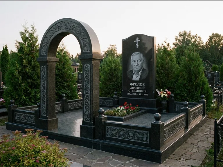 Памятник из чёрного гранита — высокая стела с процветшим крестом с православным восьмиконечным крестом, работа «Панкратов» в Альметьевске