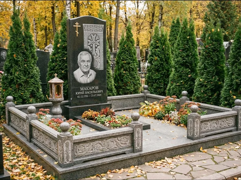 Памятник из чёрного гранита — стела с крестом и лампадой с армянским хачкаром, работа «Гущин» в Альметьевске