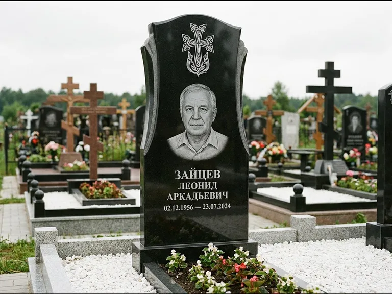 Памятник из чёрного гранита — семейная стела на двоих с армянским хачкаром, работа «Журавлёв» в Альметьевске
