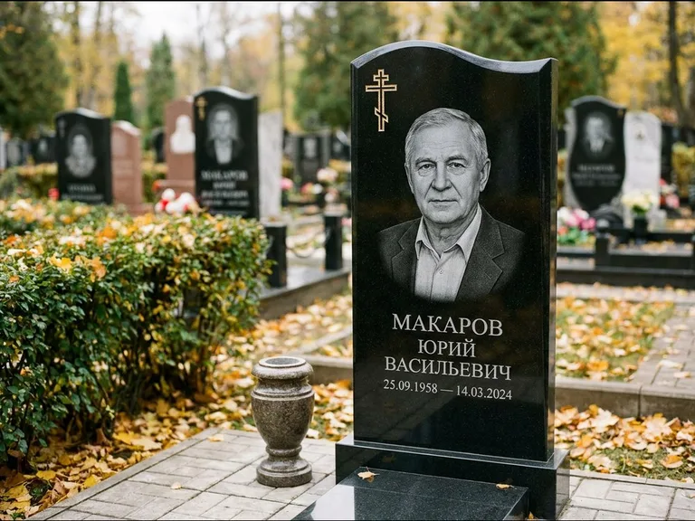 Памятник из чёрного гранита — фигурная стела с киот-нишей с процветшим крестом с виноградной лозой, работа «Богданов» в Альметьевске