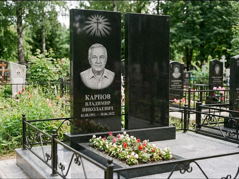 Памятник из чёрного гранита — ступенчатая стела с золочёным крестом, работа «Панкратов» в Альметьевске