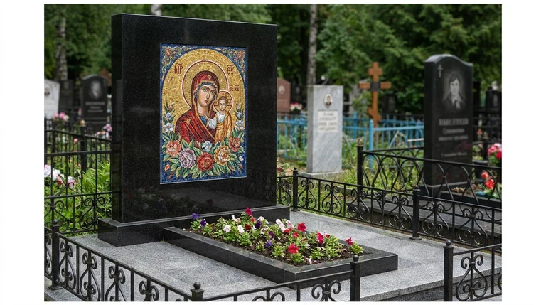 Мозаика на памятник в Альметьевске — цветное панно из смальты на чёрной гранитной стеле