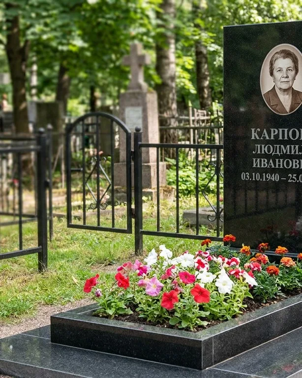 Памятник под ключ с низкой оградой и цветником в Альметьевске