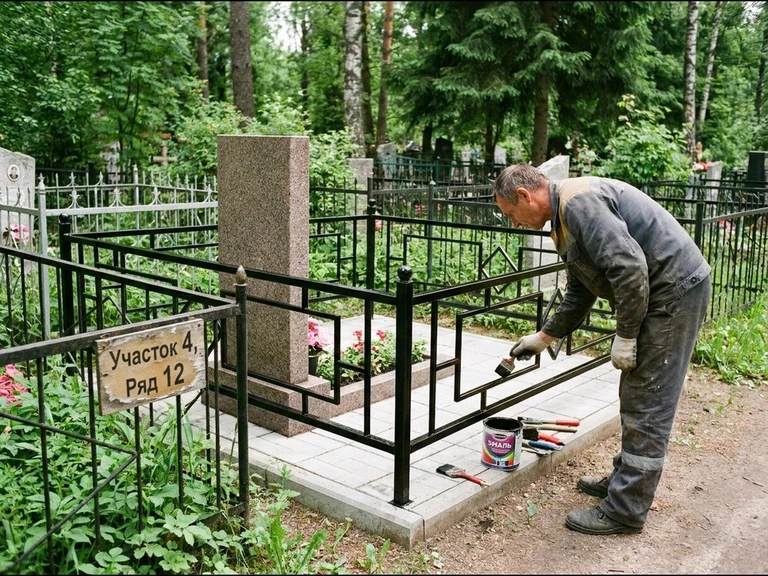 Покраска оградки на кладбище в Альметьевске — мастер красит металлическую ограду на могиле чёрной эмалью