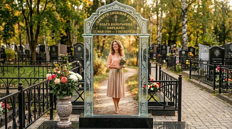 Портрет на стекле в форме арки на памятнике в Альметьевске