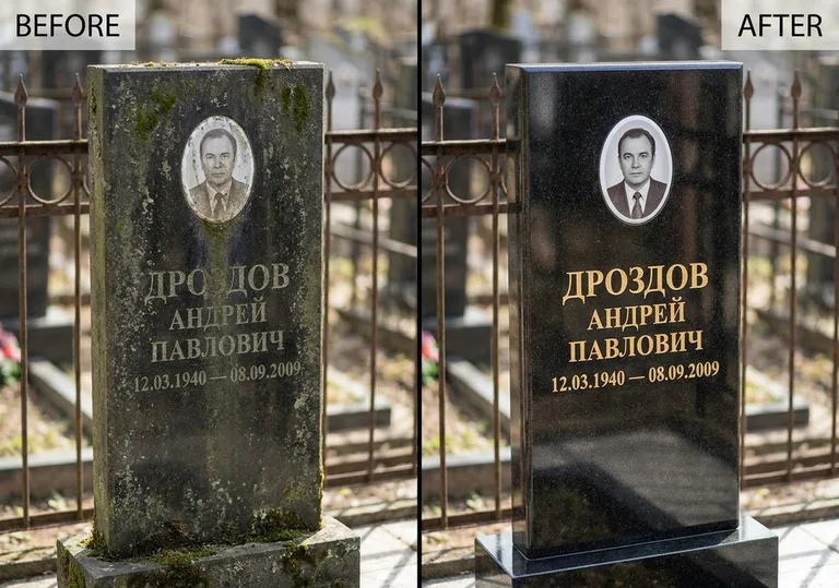 Чистка и полировка гранитного памятника: до и после в Альметьевске