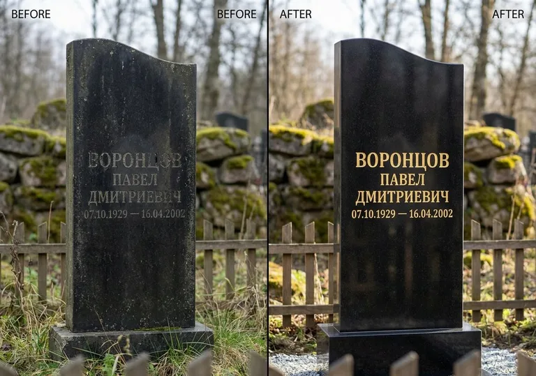 Золочение и обновление надписей на памятнике: до и после в Альметьевске