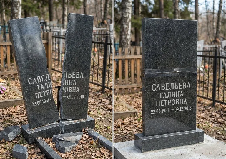 Склейка расколотого гранитного памятника: до и после в Альметьевске